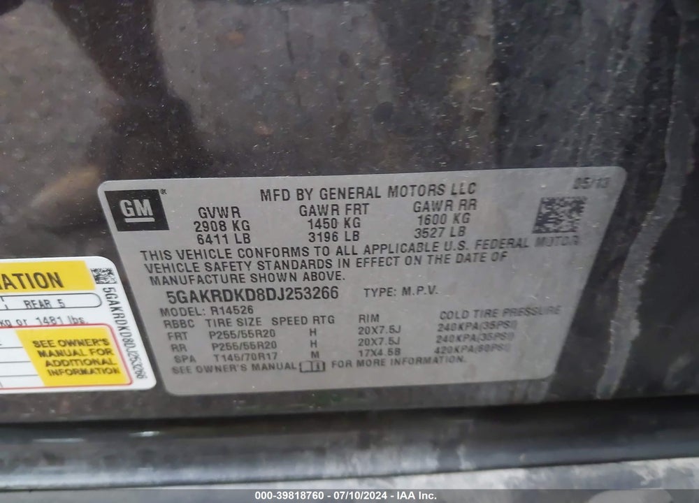 2013 BUICK ENCLAVE PREMIUM VIN: 5GAKRDKD8DJ253266