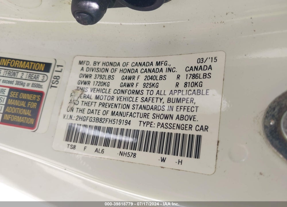 2015 HONDA CIVIC EX VIN: 2HGFG3B82FH519194
