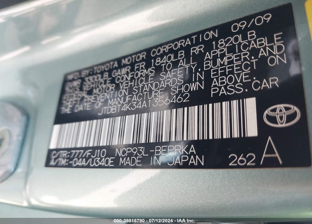 2010 TOYOTA YARIS VIN: JTDBT4K34A1356462