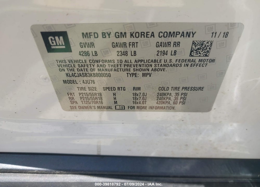 2019 BUICK ENCORE FWD PREFERRED VIN: KL4CJASB3KB800050