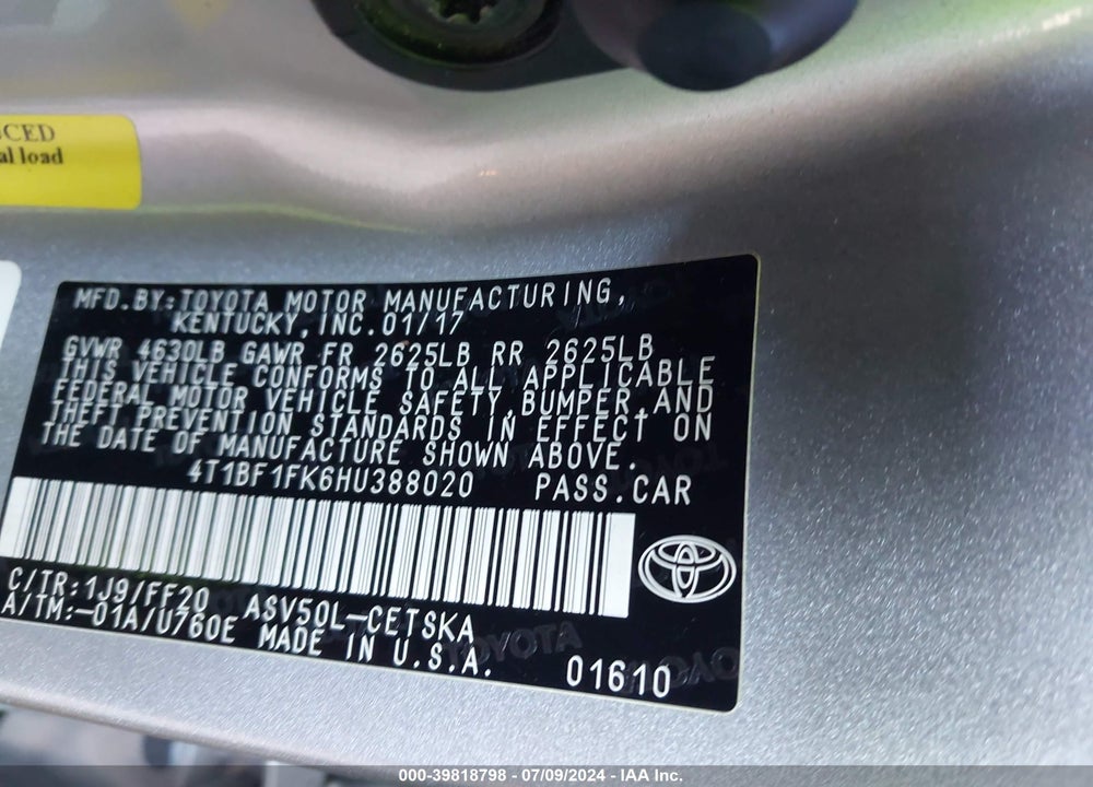2017 TOYOTA CAMRY SE VIN: 4T1BF1FK6HU388020