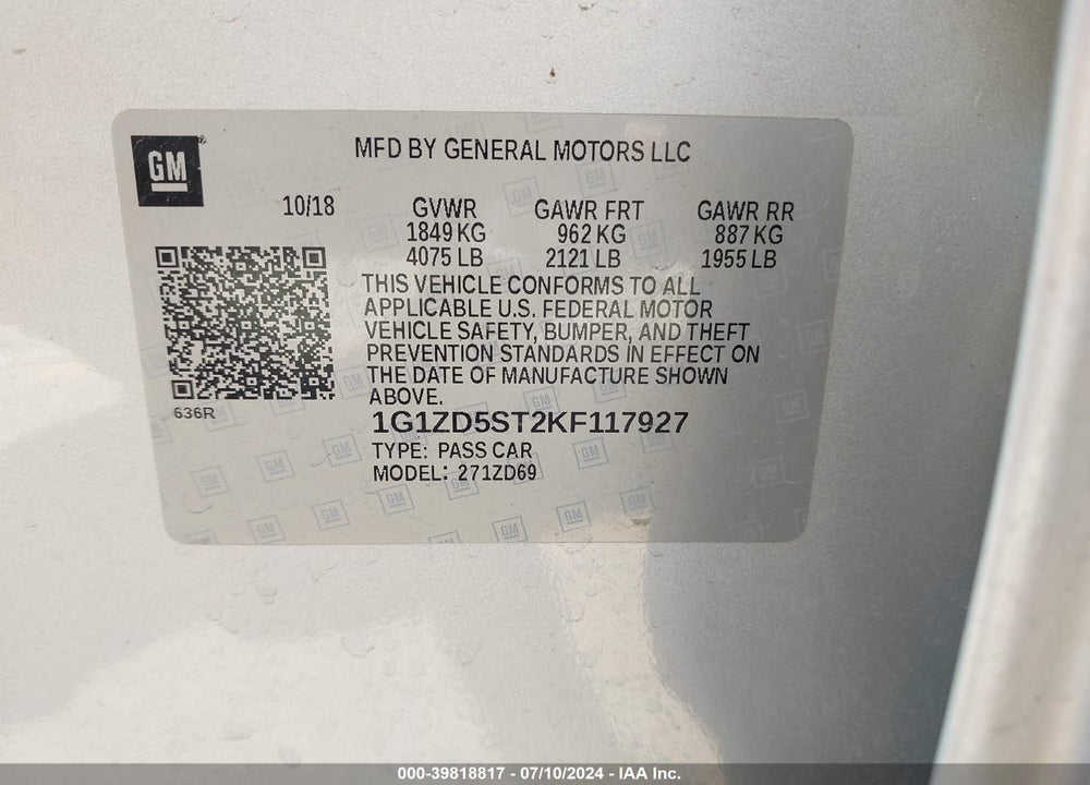 2019 CHEVROLET MALIBU LT VIN: 1G1ZD5ST2KF117927