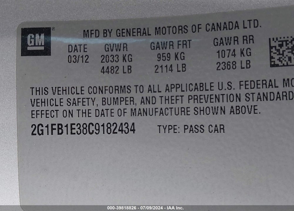 2012 CHEVROLET CAMARO VIN: 2G1FB1E38C9182434
