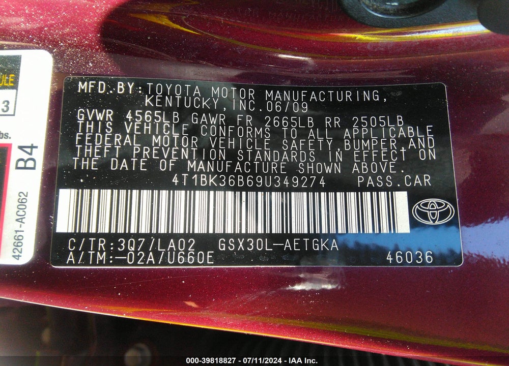 2009 TOYOTA AVALON XLS VIN: 4T1BK36B69U349274