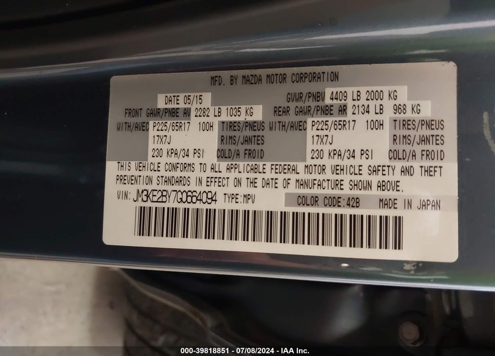 2016 MAZDA CX-5 SPORT VIN: JM3KE2BY7G0664094