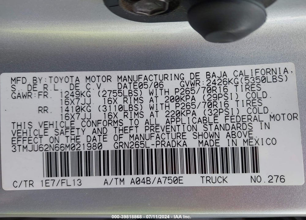 2006 TOYOTA TACOMA PRERUNNER V6 VIN: 3TMJU62N66M021980