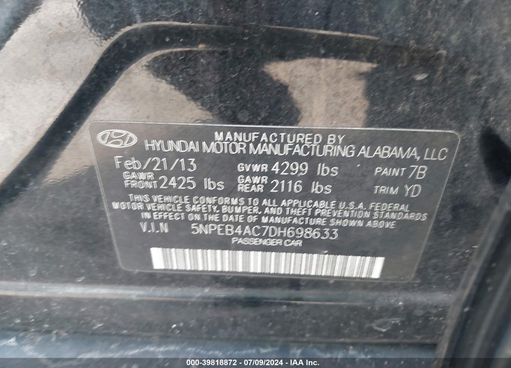 2013 HYUNDAI SONATA GLS VIN: 5NPEB4AC7DH698633