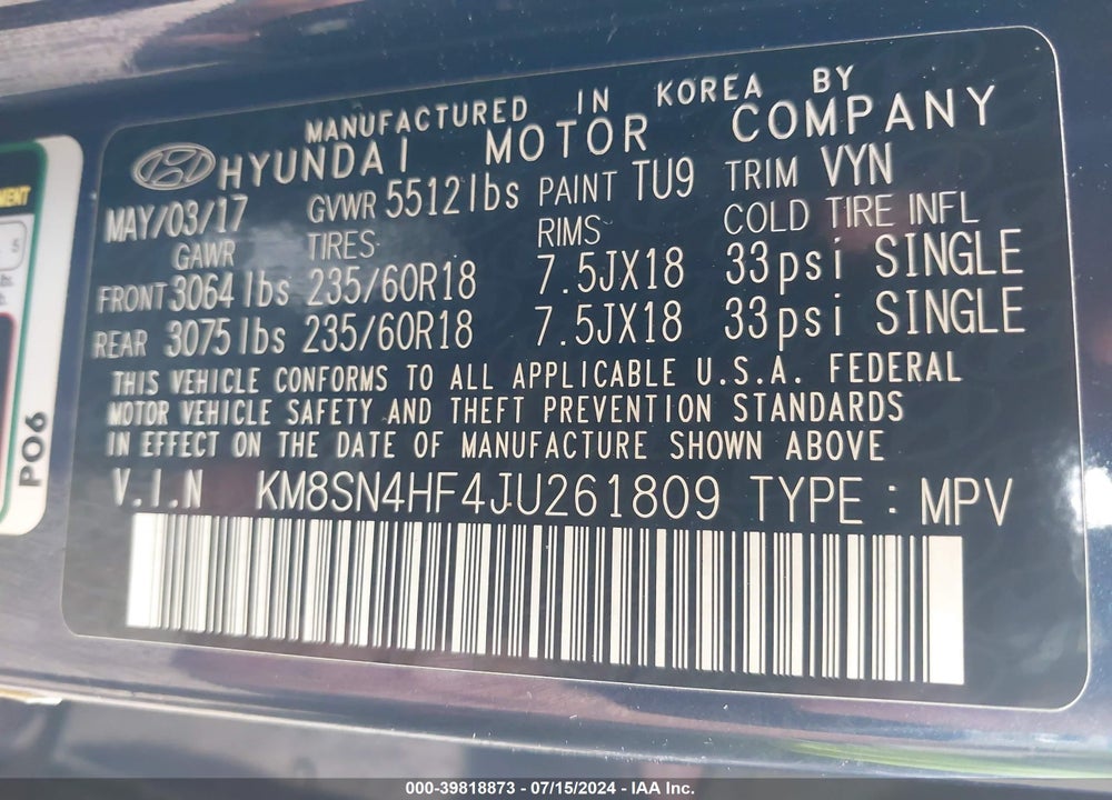2018 HYUNDAI SANTA FE SE VIN: KM8SN4HF4JU261809
