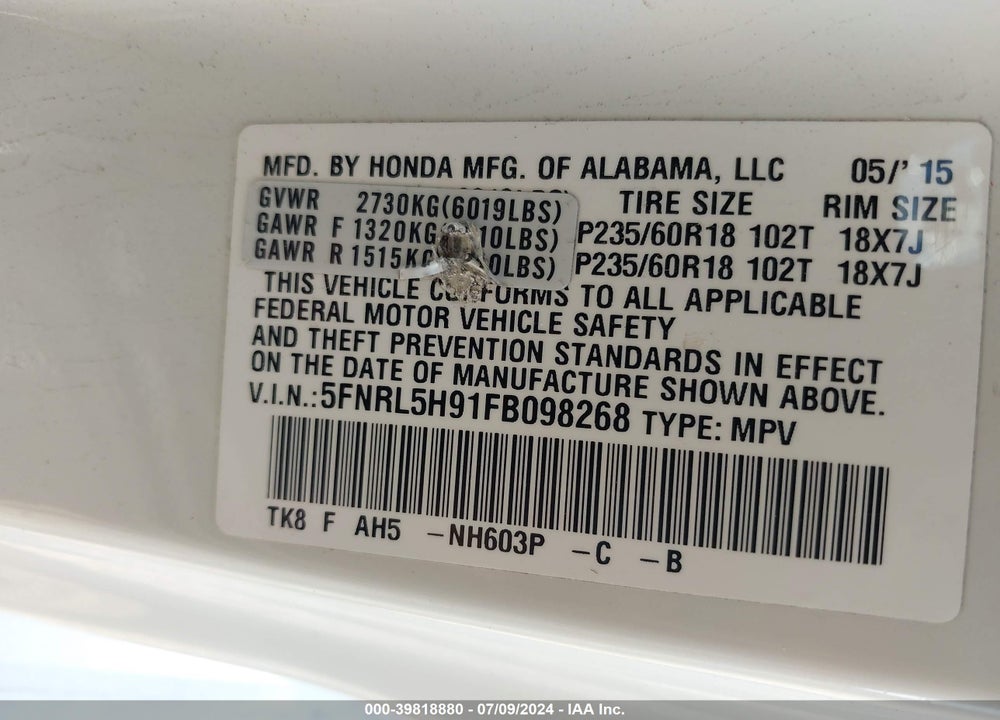 2015 HONDA ODYSSEY TOURING/TOURING ELITE VIN: 5FNRL5H91FB098268