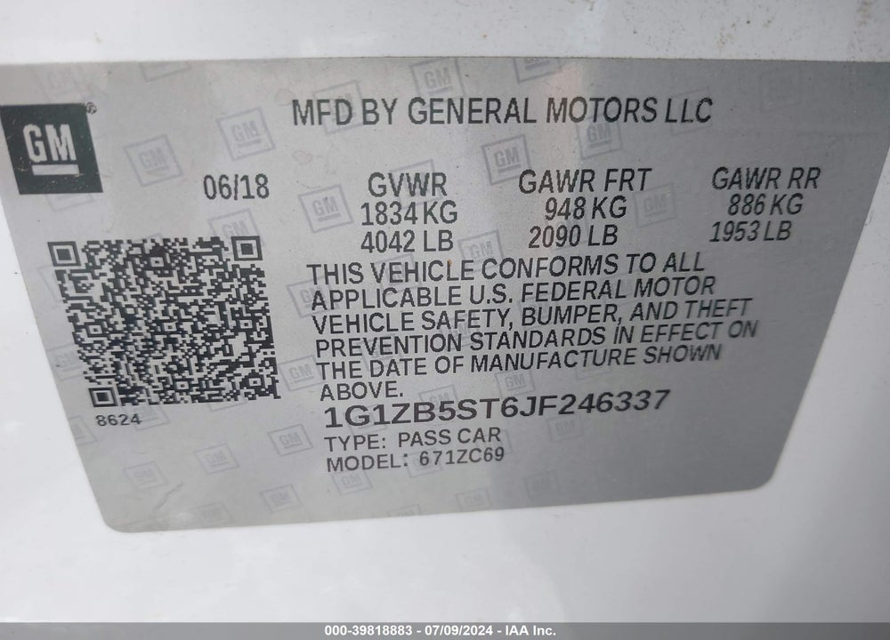 2018 CHEVROLET MALIBU 1LS VIN: 1G1ZB5ST6JF246337