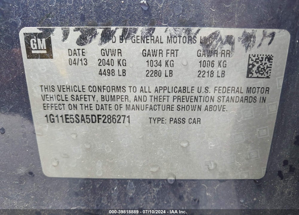 2013 CHEVROLET MALIBU 2LT VIN: 1G11E5SA5DF286271