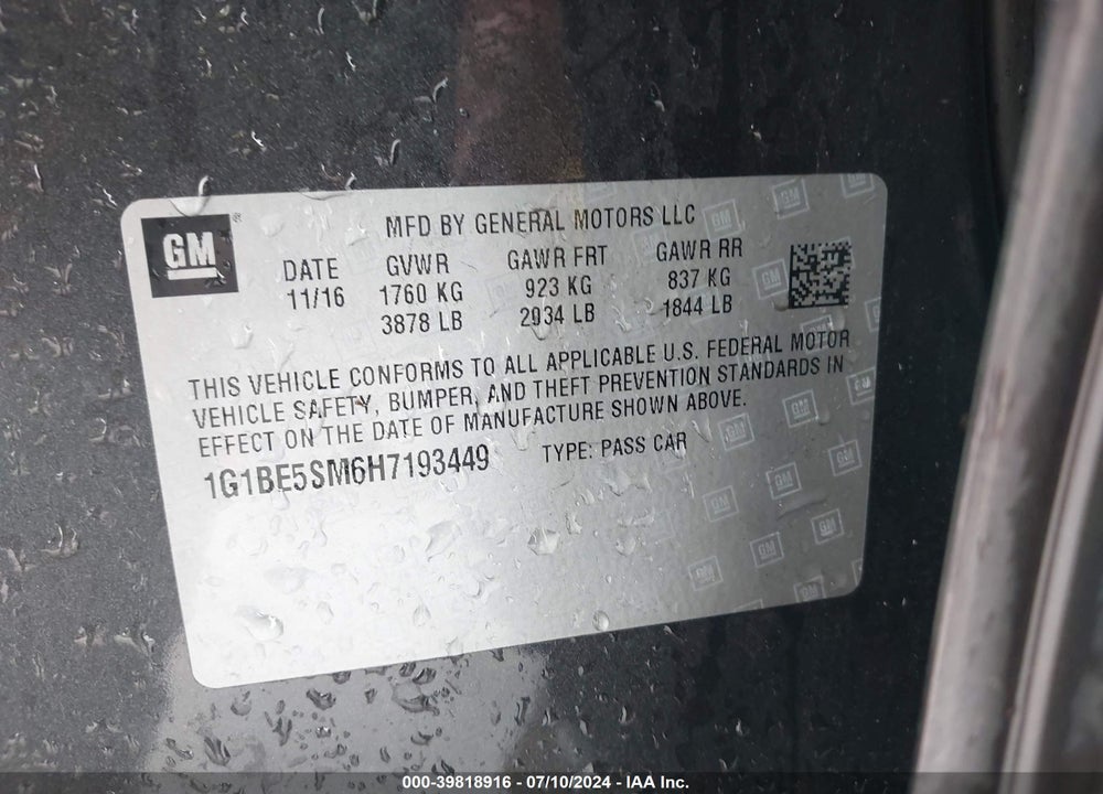 2017 CHEVROLET CRUZE LT AUTO VIN: 1G1BE5SM6H7193449