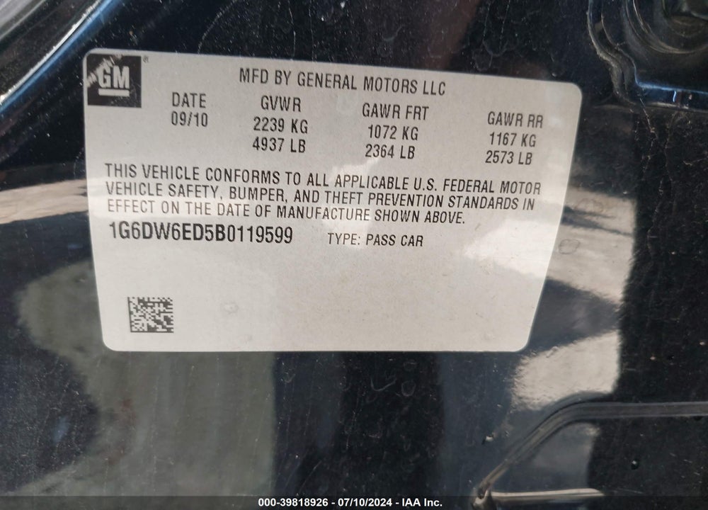 2011 CADILLAC STS LUXURY VIN: 1G6DW6ED5B0119599