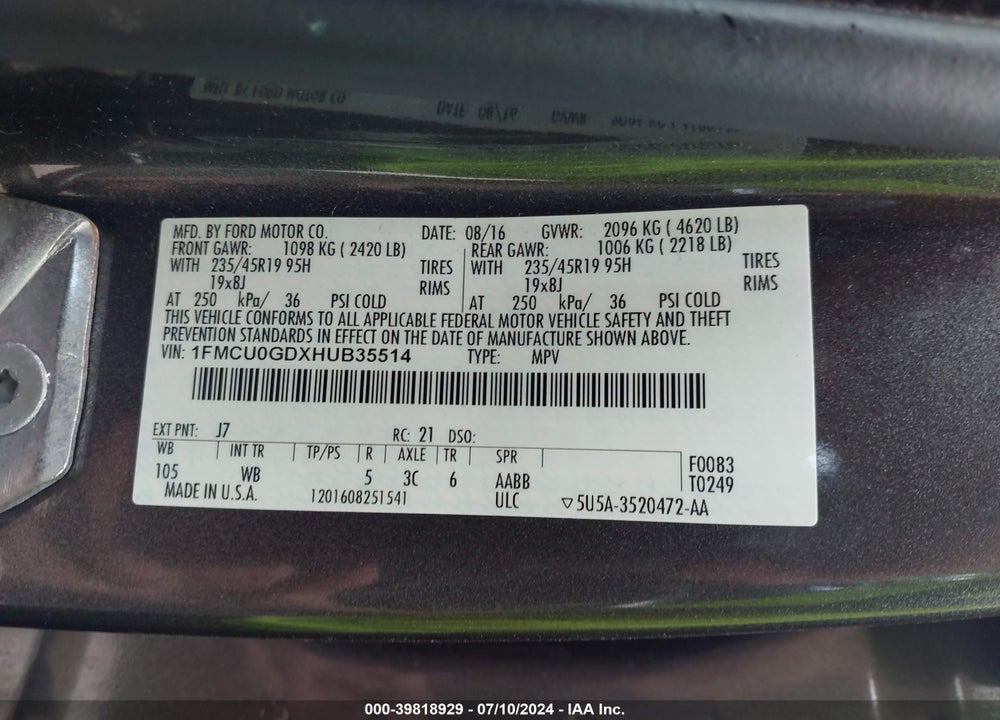 2017 FORD ESCAPE SE VIN: 1FMCU0GDXHUB35514