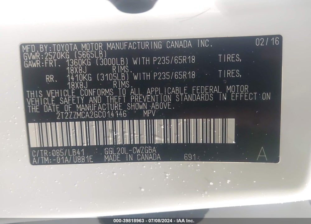 2016 LEXUS RX 350 VIN: 2T2ZZMCA2GC014146