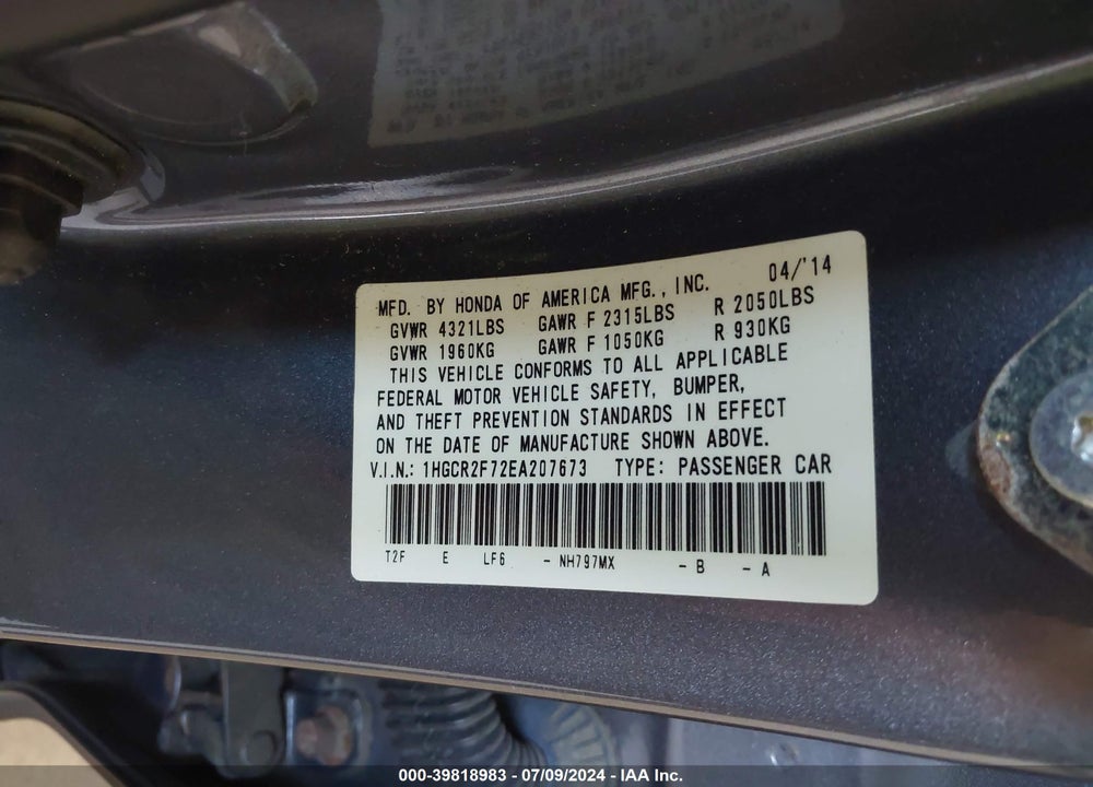 2014 HONDA ACCORD EX VIN: 1HGCR2F72EA207673