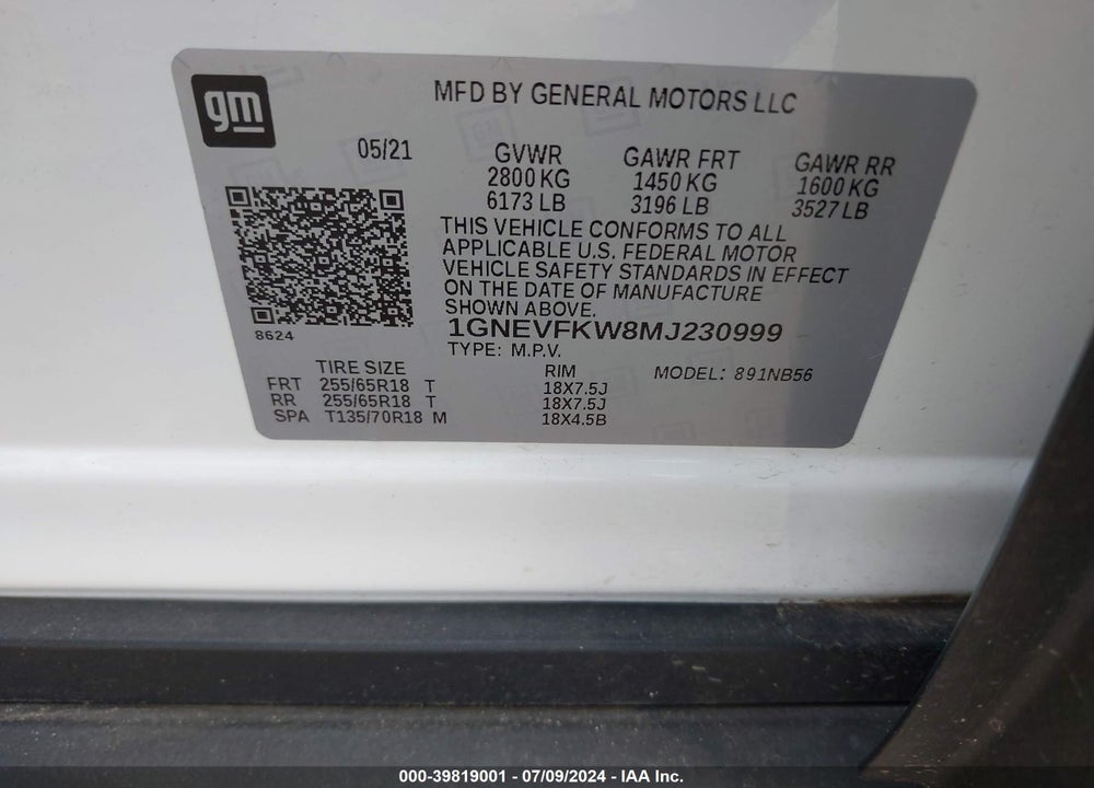 2021 CHEVROLET TRAVERSE AWD LS VIN: 1GNEVFKW8MJ230999