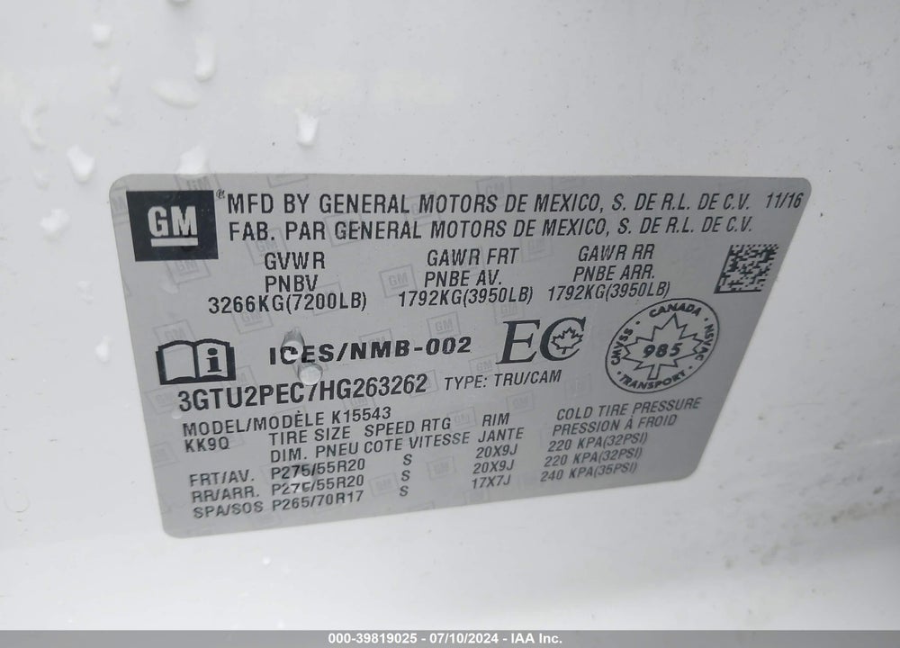 2017 GMC SIERRA 1500 DENALI VIN: 3GTU2PEC7HG263262