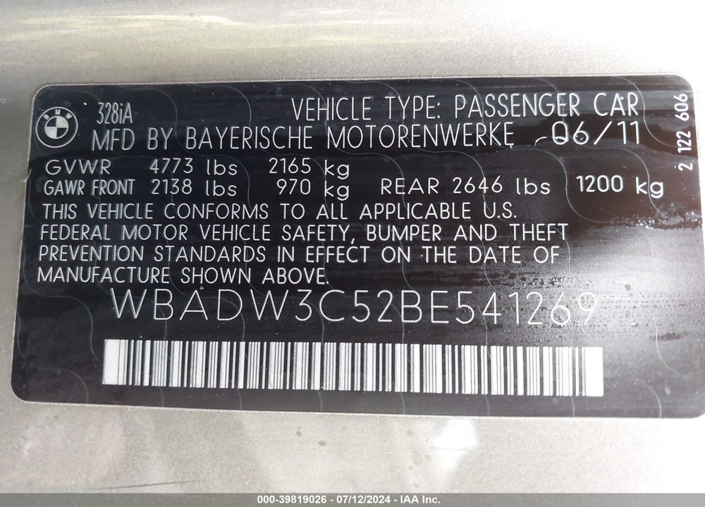 2011 BMW 328I VIN: WBADW3C52BE541269