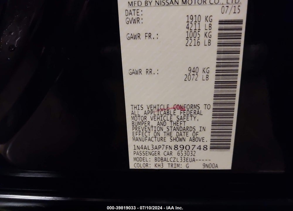 2015 NISSAN ALTIMA 2.5/2.5 S/2.5 SL/2.5 SV VIN: 1N4AL3AP7FN890748