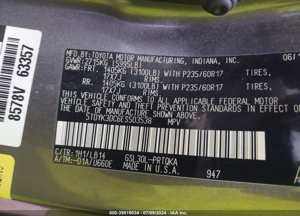 2014 TOYOTA SIENNA XLE V6 8 PASSENGER VIN: 5TDYK3DC6ES503538