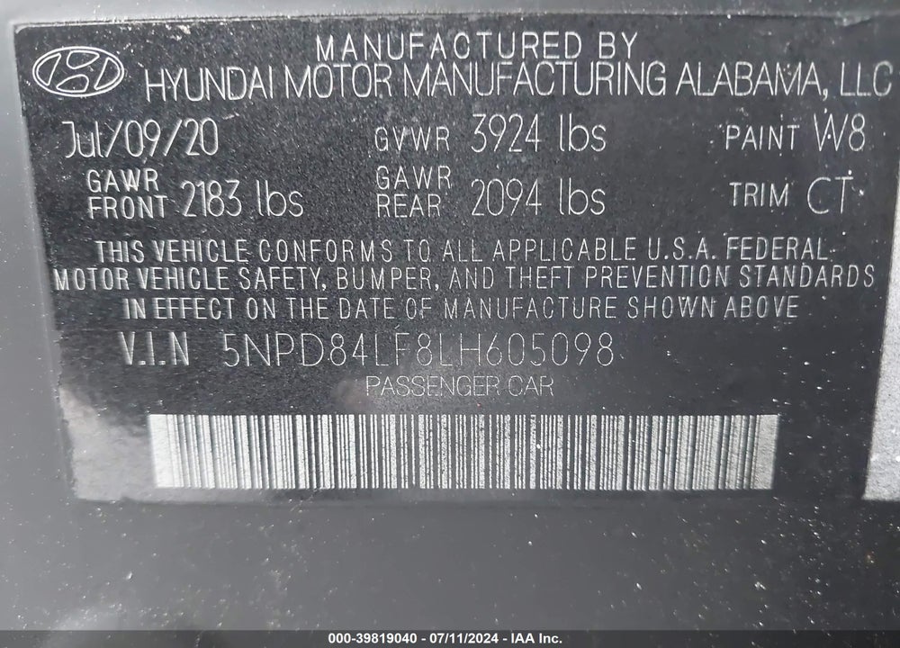 2020 HYUNDAI ELANTRA SEL VIN: 5NPD84LF8LH605098
