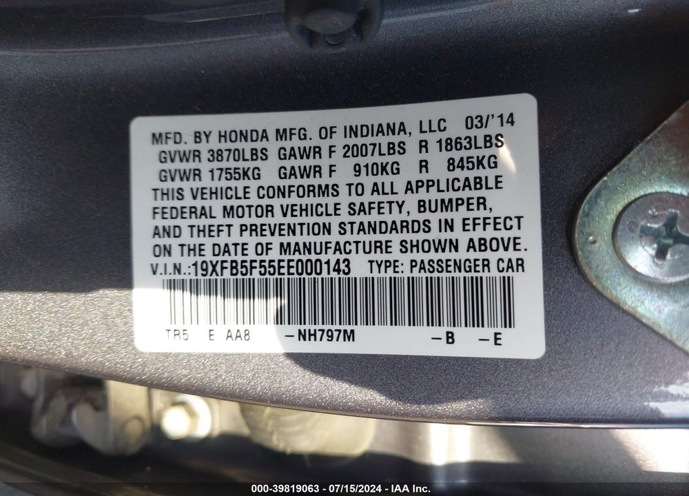 2014 HONDA CIVIC NATURAL GAS VIN: 19XFB5F55EE000143