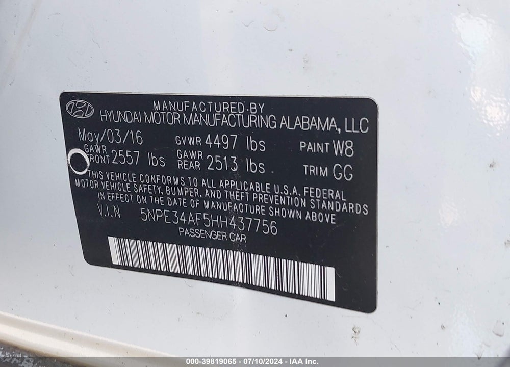 2017 HYUNDAI SONATA SPORT VIN: 5NPE34AF5HH437756