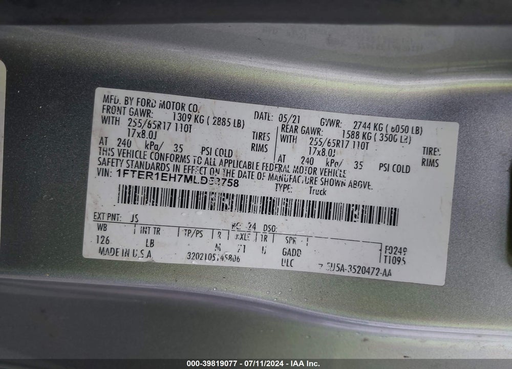 2021 FORD RANGER VIN: 1FTER1EH7MLD53758