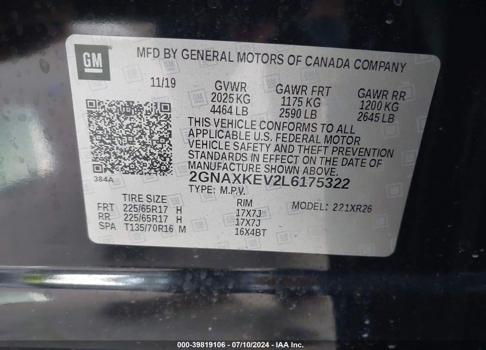 2020 CHEVROLET EQUINOX FWD LT 1.5L TURBO VIN: 2GNAXKEV2L6175322