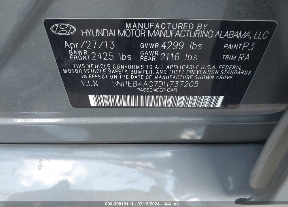 2013 HYUNDAI SONATA GLS VIN: 5NPEB4AC7DH737205