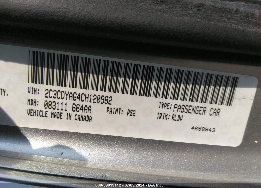 2012 DODGE CHALLENGER SXT VIN: 2C3CDYAG4CH120982