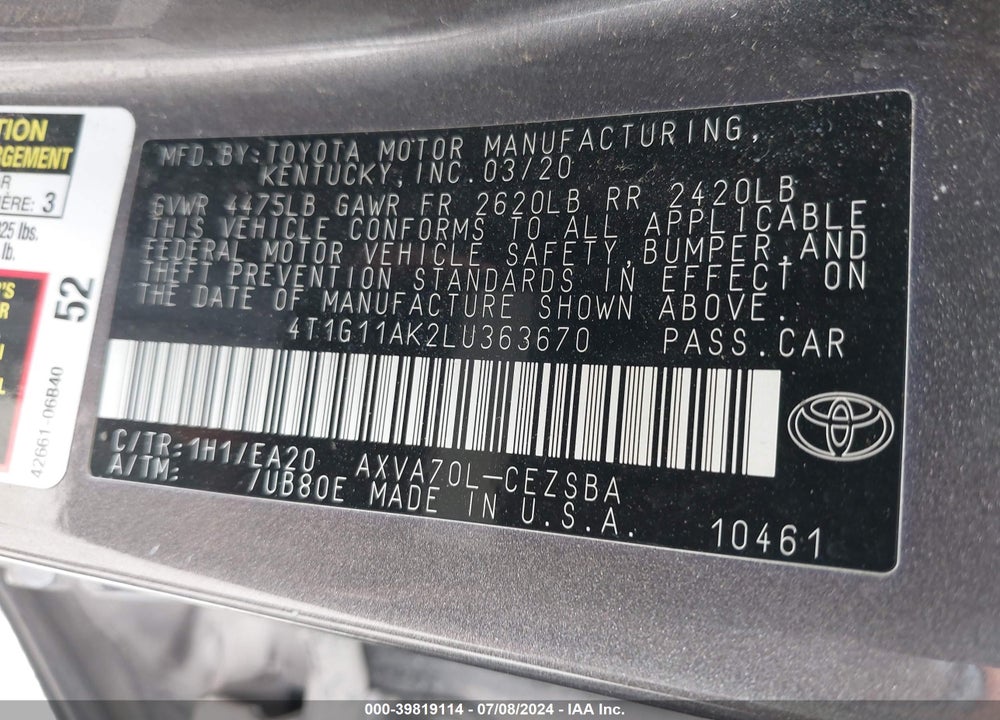 2020 TOYOTA CAMRY SE VIN: 4T1G11AK2LU363670