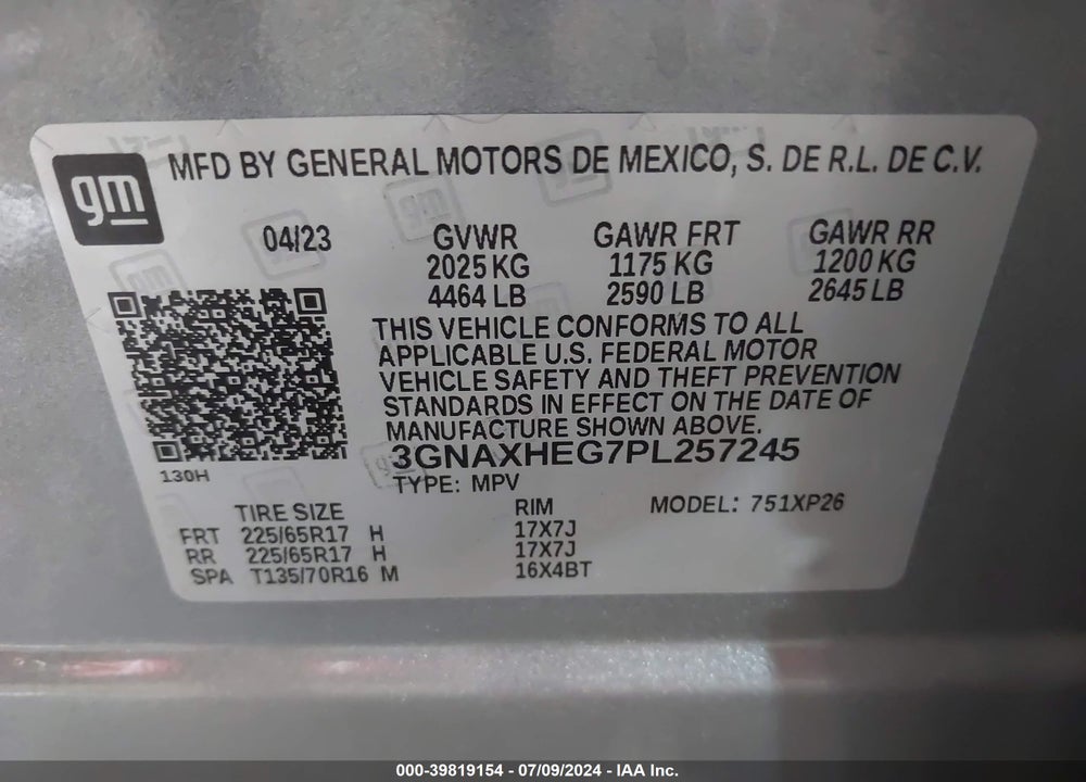 2023 CHEVROLET EQUINOX FWD LS VIN: 3GNAXHEG7PL257245