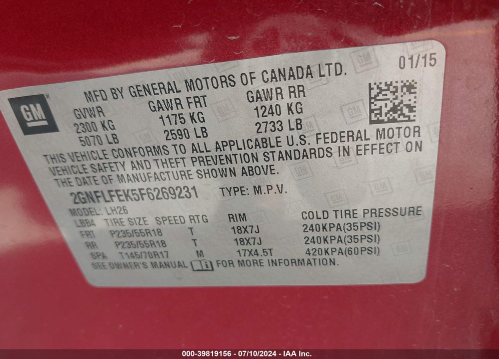 2015 CHEVROLET EQUINOX 1LT VIN: 2GNFLFEK5F6269231