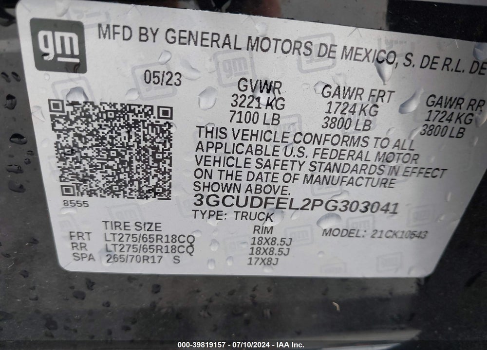 2023 CHEVROLET SILVERADO 1500 4WD SHORT BED LT TRAIL BOSS VIN: 3GCUDFEL2PG303041