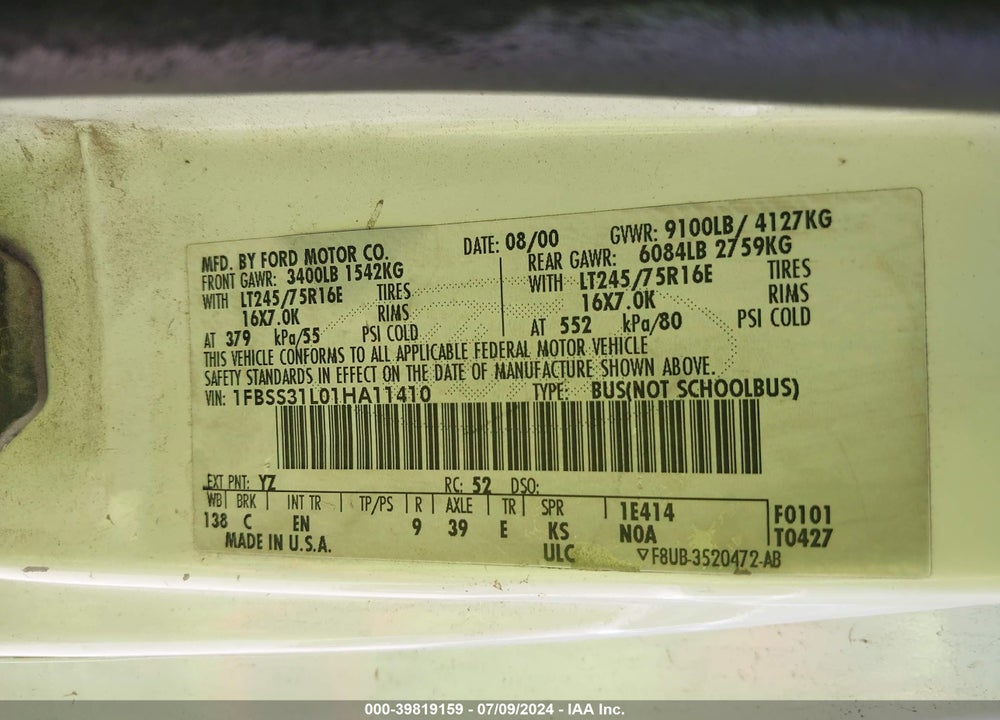 2001 FORD E-350 SUPER DUTY XL/XLT VIN: 1FBSS31L01HA11410