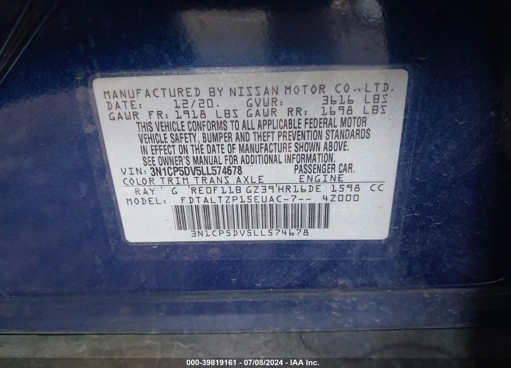2020 NISSAN KICKS SR XTRONIC CVT VIN: 3N1CP5DV5LL574678