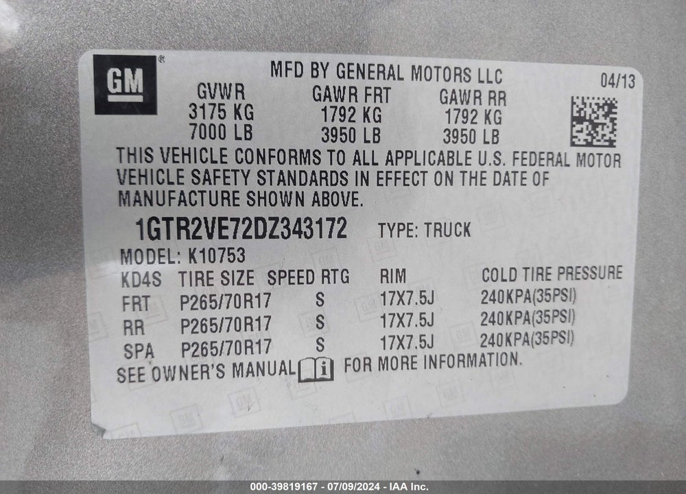 2013 GMC SIERRA 1500 SLE VIN: 1GTR2VE72DZ343172