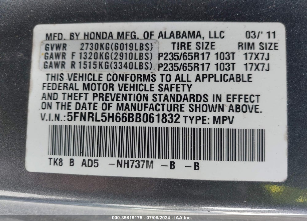 2011 HONDA ODYSSEY EX-L VIN: 5FNRL5H66BB061832