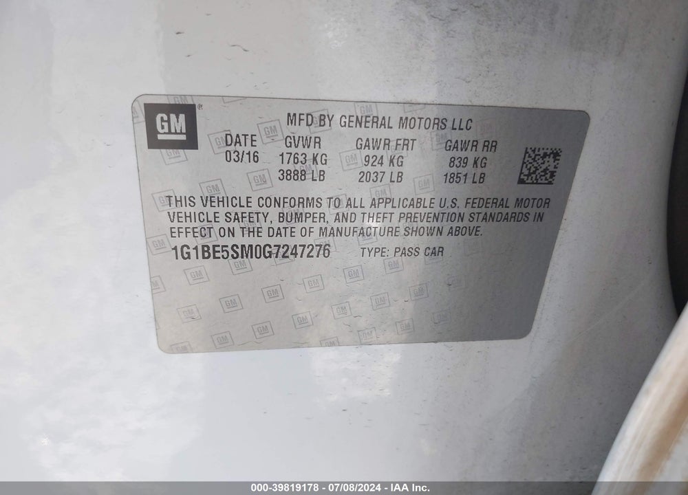 2016 CHEVROLET CRUZE LT AUTO VIN: 1G1BE5SM0G7247276