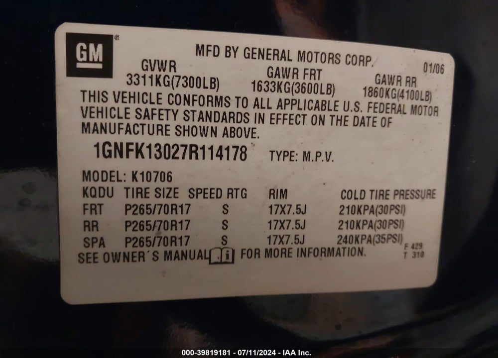 2007 CHEVROLET TAHOE LT VIN: 1GNFK13027R114178