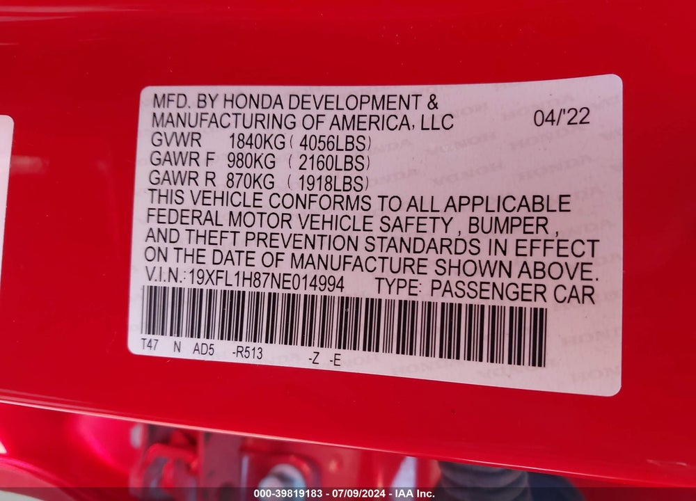 2022 HONDA CIVIC SPORT TOURING VIN: 19XFL1H87NE014994