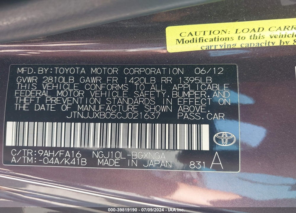 2012 SCION IQ VIN: JTNJJXB05CJ021637