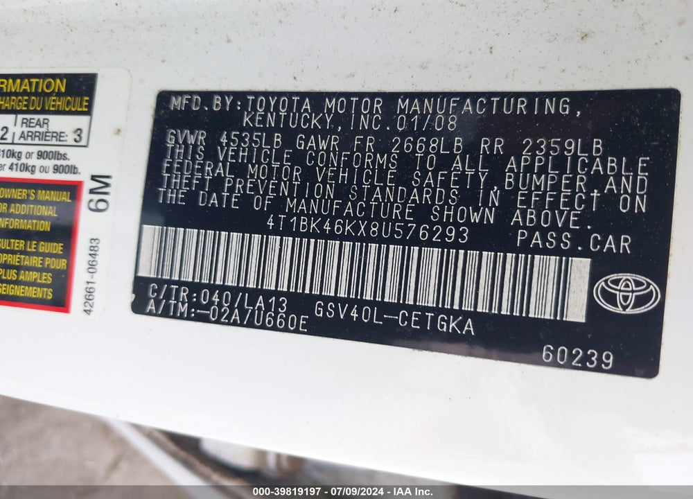 2008 TOYOTA CAMRY XLE V6 VIN: 4T1BK46KX8U576293