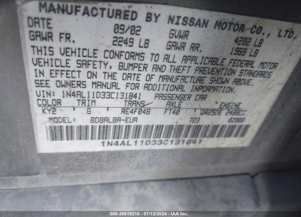 2003 NISSAN ALTIMA 2.5 S VIN: 1N4AL11D33C131841