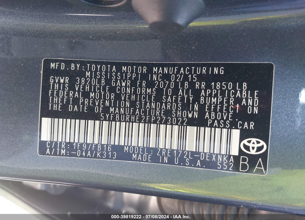 2015 TOYOTA COROLLA LE PLUS VIN: 5YFBURHE2FP273022