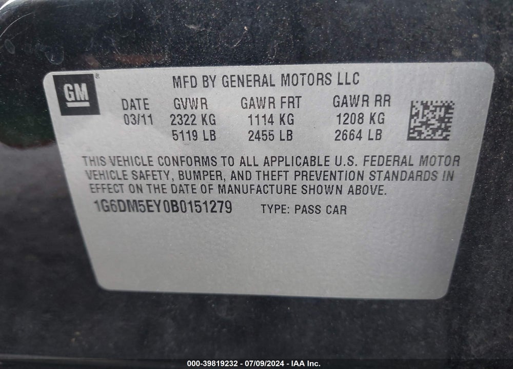 2011 CADILLAC CTS PERFORMANCE VIN: 1G6DM5EY0B0151279