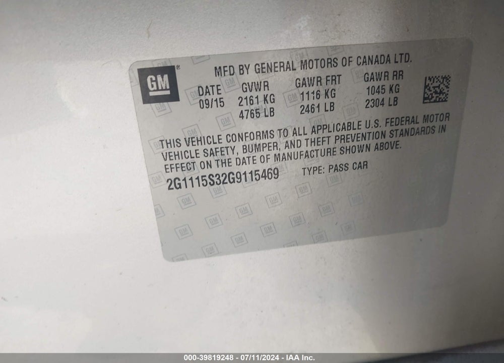 2016 CHEVROLET IMPALA 2LT VIN: 2G1115S32G9115469