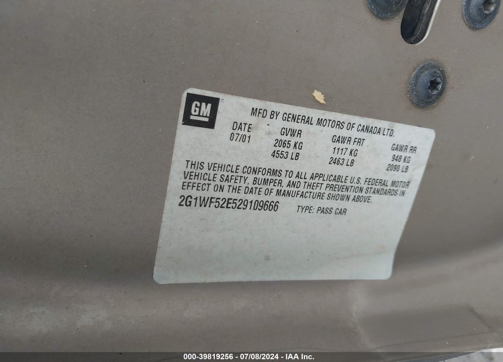 2002 CHEVROLET IMPALA VIN: 2G1WF52E529109666